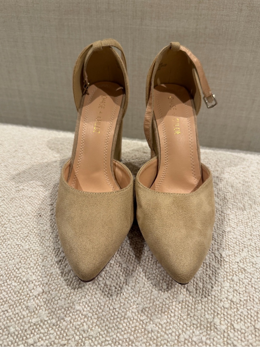 Chase + Chloe Tan Suede Pointed-Toe Ankle-Strap Pumps